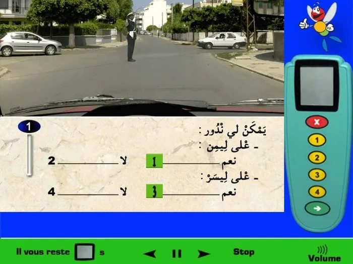 وضعية شرطي المرور الموضّحة في الصورة تسمح لي بالمرور (فاش يكون عاطيني بالجنب ندوز وفاش يكون عاطيني بوجهو ولا ظهرو خاص نوقف)، السيارت المتواجدة على اليمين واليسار فهي واقفة لان وضعية الشرطي بالنسبة لهم تعني أن عليهم الوقوف. إذن يمكنني المرور على اليمين أو على اليسار بما أن شرطي المرور يسمح لي بالمرور.